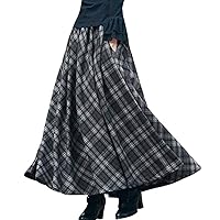 Women's Thick Vintage Plaid Pleated Skirt Autumn Winter Long Skirts