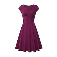 Womens Fall Dress 2023 V Neck Short Sleeve Pleated A Line Knee Length Casual Flowy Solid Color Cool Dresses