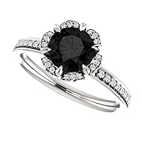 Love Band 1 CT Black Blooming Flower Engagement Ring 14k White Gold, Blooming Rose Black Onyx Ring, Halo Floral Black Diamond Ring, Nature Inspired Ring, Best Ring For Her