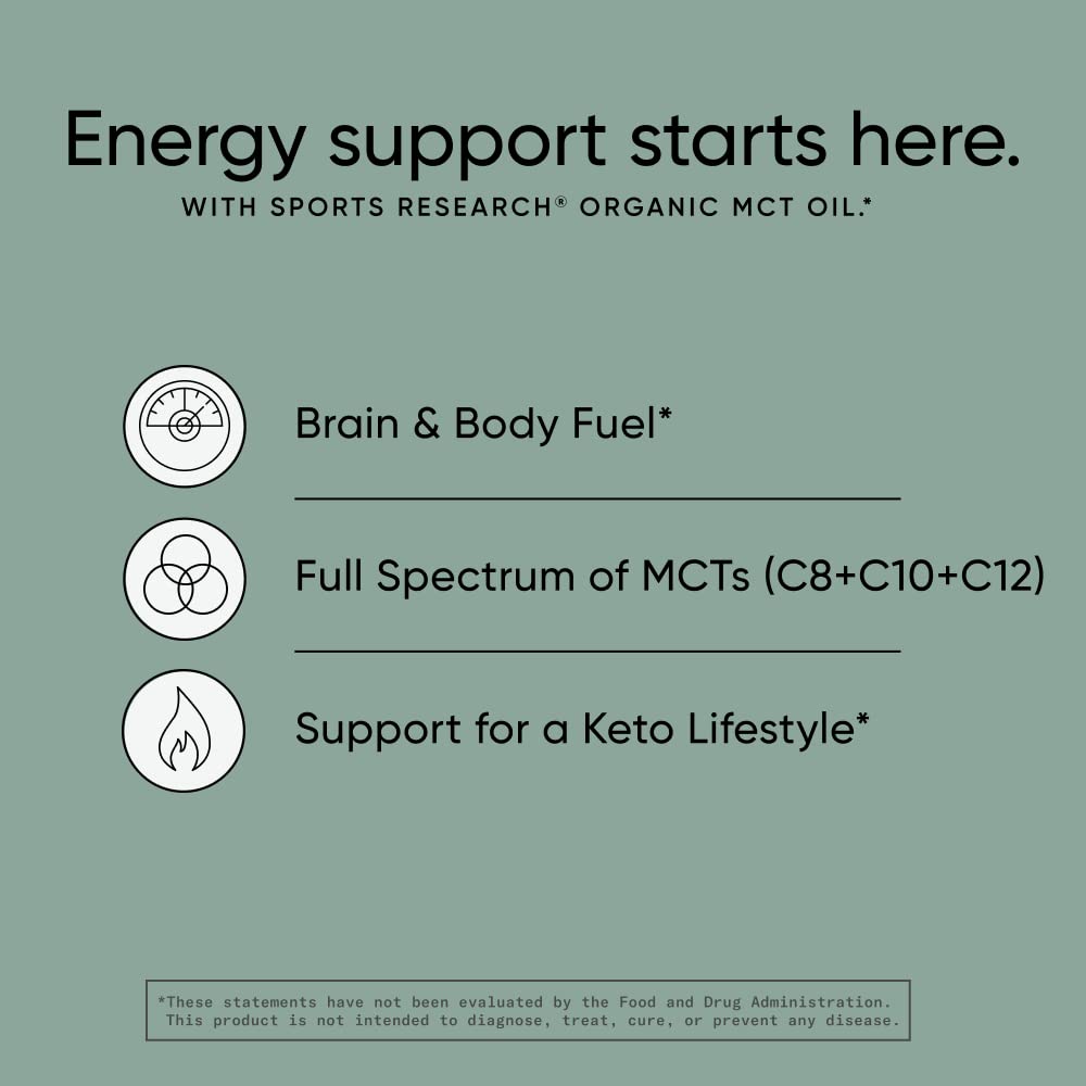 Sports Research Organic MCT Oil - Keto & Vegan MCTs C8, C10, C12 from Coconuts - Fatty Acid Brain & Body Fuel, Non-GMO & Gluten Free - Flavorless Oil, Perfect in Coffee, Tea & Protein Shakes - 16 oz