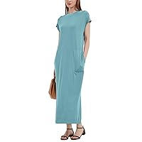 Flygo Dresses for Women Maxi Tshirt Dress Crewneck Slit Cap Sleeve Casual Ankle-Length Summer Sundresses with Pockets