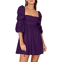 2023 Womens Square Neck Summer Dress Long Puff Sleeve A-Line Casual Short Mini Dress