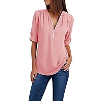 Women's Half Zipper Chiffon Shirts V-Neck Roll-Up Sleeve Loose Fit Blouses Casual Dressy Tunic Top Office Work Wear
