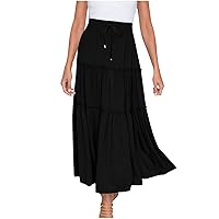 Womens A-Line Ruffle Skirt Boho Summer Long Skirt 2023 Casual Beach Skirt Elastic Waist Flowy Maxi Skirts for Women