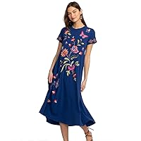 Johnny Was Gracey Crew Neck Swing Long Dress Black Red Butterfly Embroidered New