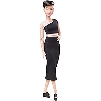 Barbie Signature Looks Doll (Petite, Brunette Pixie Cut) Fully Posable Fashion Doll Wearing Black Midi Skirt for Collectors