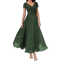 Mother of The Bride Dresses Tea Length Cap Sleeves Formal Party Gowns Chiffon for Women