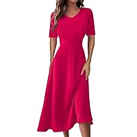 Spring Dresses for Women 2024 V-Neck Solid Color Short Sleeve Dress Flowy Long Swing Trendy Dresses High Waist Dress