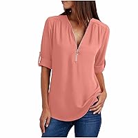Rollable Long Sleeve Shirts Women's Summer Chiffon Tops Zip V-Neck Tunic Casual Dress Blouses Going Out Tops Plus Size