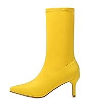 Womens Sexy Pointed Toe Stiletto High Heel Suede Boots Candy Color Pull On Mid Calf Dressy Booties