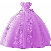Women's Off Shoulder Princess Sweet 16 Quinceanera Dresses with Bow Lace Applique Ball Gowns