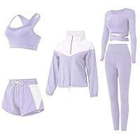 Nesyd Women's 5 Piece Workout Sets Yoga Outfits Sport Running Fitness Exercise Gym Athletic Tracksuits Sportwear Activewear