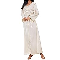Womens Elegant Muslim Abaya Dress Vintage Print Tie Long Sleeve Dresses Islamic V Neck Full Length Kaftan Casual Dress