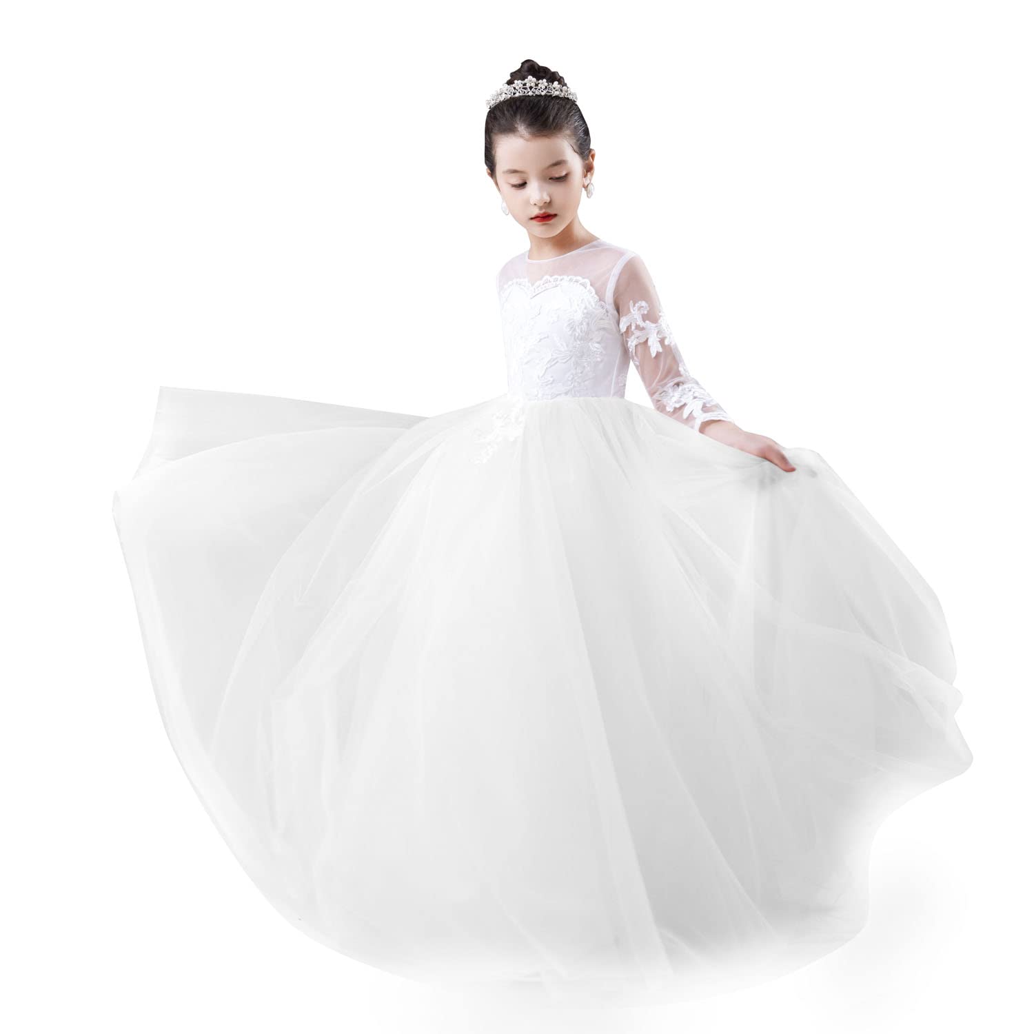 GZY White Ivory Lace Long Sleeve Flower Girl Dresses Princess Gown Pageant Dress GZY202