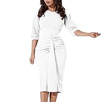 White Cocktail Dress for Women Strapless,Women's Summer Office Dress Three Quarter Sleeves Pleated Tie Plus Siz
