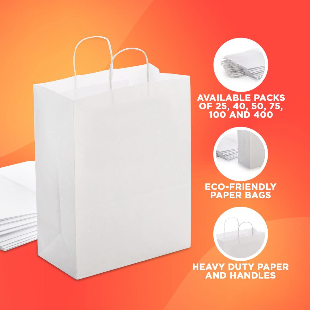 White Kraft Paper Bags with Handles Bulk - Packs in 100 | 50 | 25 | 400 Bags - Gift Bags Medium Size for Paper Shopping Bags, Party Bags, and Bags for Small Business (8