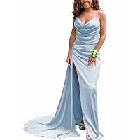 Satin Bridemsiad Dresses with High Slif for Juniors Memaid Prom Dresses Long Cowl Neck