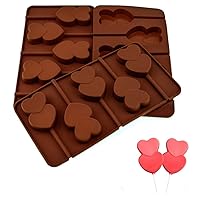 3PCS Double Heart Shape Mold, 5 Holes Cake Lollipop Chocolate Jelly Ice Cream Cube Mold Candy Pudding Cupcake Handmade Craft Mold for Valentine's Day Dessert Shop Cafe Bakery Handmade Dessert (Brown)