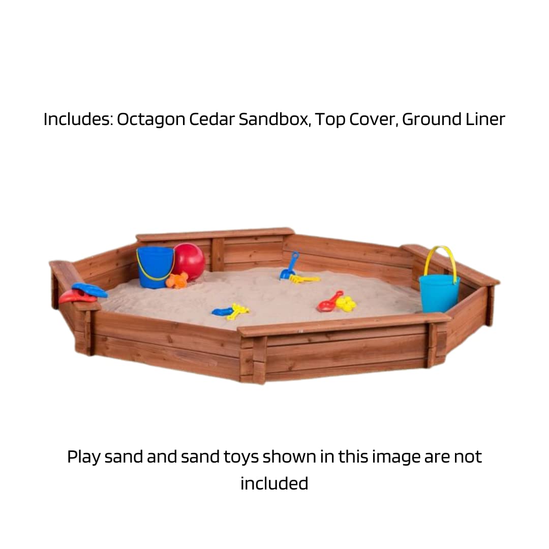 Octagon Wooden Cedar Sand box w Seat Boards | Eco-Friendly Cover & Ground Liner | 84