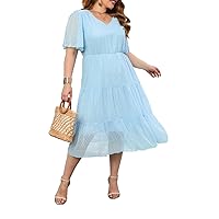 Womens Plus Size Summer Short Sleeve V Neck Swiss Dot Dress High Waist A Line Ruffle Tiered Maxi Dress