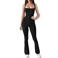 Tanou Flare Jumpsuits for Women Square Neck Tank Top Bodycon Full Length Long Pants Casual Workout Jumpsuit