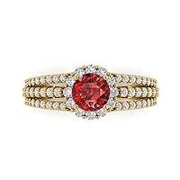 2.08 Brilliant Round Cut Halo Solitaire Natural Red Garnet Accent Anniversary Promise Engagement ring Solid 18K Yellow Gold