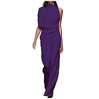 Women's Dressy Casual Summer Jumpsuits Sleeveless Mock Neck Wide Leg Pants Romper One Piece Formal Jumpers Outfits