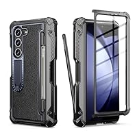 ZtotopCases for Samsung Galaxy Z Fold 5 Case with S Pen Holder(2023),Shockproof Military Grade Drop Tested,[Genuine Leather Back],360 Full Protection Rugged with Screen Protector&Kickstand, Black