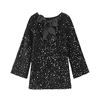 Women's Elegant Sequined Mini Dress Bow Crew Neck Long Sleeve Party Evening Club Holiday Dresses