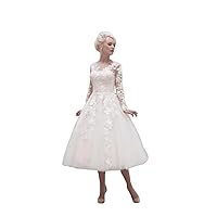 White Vintage Lace Applique Long Sleeve Tea Length Wedding Dress 18W White