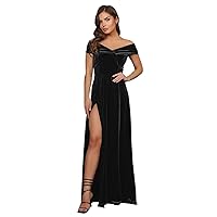 Basgute Velvet Long Bridesmaid Dresses for Wedding Off Shoulder Slit A Line Maxi Formal Evening Party Gown for Women