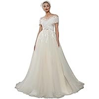 Wedding Dress Lace Tulle Illusion Off Shoulder Scoop Neckline Deep V Back Floor Length Formal Dress for Bride
