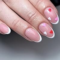 french tips press on nails medium almond shaped Valentine's fake nails with glue white french tips acrylic nails heart design Valentines day nails full cover false nails for women girls DIY Manicure