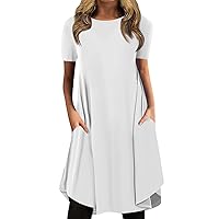 Sun Dresses for Women 2024 Casual Sundress Solid Color/Print Round Neck Pullover Mini Dress Loose Short Sleeve Dress White X-Large