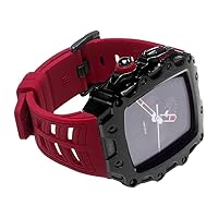 HEPUP For Apple Watch 44mm 45mm Case with Strap Metal Modified Case for iWatch Series 7 45mm 6/5/4/SE 44mm Glass Screen Bumper Cover (Colour: Black Red, Size: 44mm for 6/5/4/SE)
