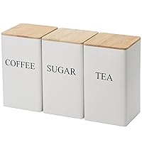 Coffee Tea Sugar Container Set of 3 Iron Tea Coffee Sugar Canister Set with Airtight Bamboo Lid and Name Marker Simple Square Kitchen Canister Set White for Kitchen