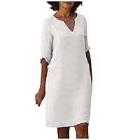 Boho Dress for Women, Casual Dresses for Women 2024 Empire Waist Dress for Women V-Neck Dress Women's Summer Short Sleeve Trendy Solid Color 2024 Lace Splicing Womens Cotton Linen (White,Medium)