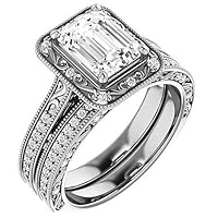 2 CT Emerald Cut Colorless Moissanite Engagement Ring Set Wedding/Bridal Ring Set, Diamond Ring Set, Anniversary Solitaire Halo Accented Promise Vintage Antique Gold Silver Ring Set