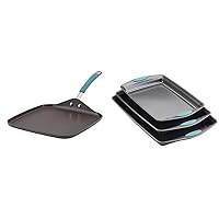 Rachael Ray Cucina Hard Anodized Nonstick Griddle Pan/Flat Grill, 11 Inch, Gray with Agave Blue Handle Bakeware Nonstick Cookie Pan Set, 3-Piece, Gray with Agave Blue Grips
