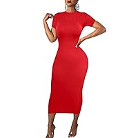 Women's Long Bodycon Dress - Summer Casual Short Sleeve Midi Club Party Fitted Tight Dresses