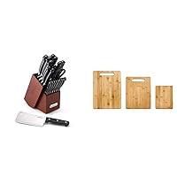 Farberware Edgekeeper 21-Piece Forged Triple Riveted Block Set with Built-in Knife Sharpener, Cherry & 3-Piece Bamboo Cutting Board, Set of 3 Assorted Sizes, Brown