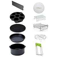 10PCS 8 Inch Air Fryer Accessories for 5.3-5.8QT Cake Barrel, Mat, Pizza Pan, Steel Skewer Rack, Holder, Bread Shelt, Cupcake Pan, Dish Plate Clip, Baking Paper, Partition Plate (8INCH 10PCS)