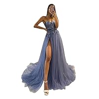 Strapless Glitter Tulle Prom Dresses for Teens 3D Flowers Corset Sweetheart Ball Gown Sexy High Split Wedding Gown 2023