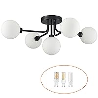 CLAXY 5-Light Ceiling Light Flush Mount Sputnik Chandelier with Opal Globes Black Ceiling Light Fixture for Dining Room Bedroom Kitchen