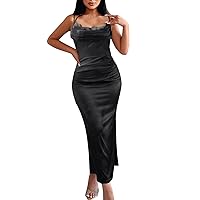Women's Satin Long Prom Dress with Slit Halter Corset Evening Formal Party Gowns Midi Dress Plus Size