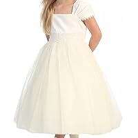 Flower Girl Cap Sleeved Beaded White Dress First Holy Communion Size 2-16