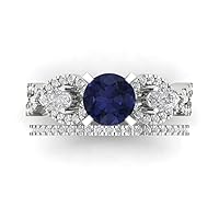 Clara Pucci 2.0ct Round Pear cut Custom Engraving 3 stone Faux Blue Sapphire Engagement Ring Band Wedding Bridal Set 14k White Gold 10