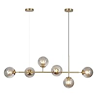 KCO Modern Globe Sputnik Chandelier, 6-Light Gold Linear Pendant for Kitchen Island, Dining Room, Living Room - Smoke Gray Glass, Mid Century Style