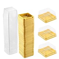 50 Set Clear Plastic Mini Cupcake Boxes Muffin Square Mooncake Box Single Container Wedding Birthday Gift Box (Gold)