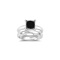 1.50 Cts Princess Cut Black Diamond Engagement and Plain Wedding (3mm comfort fit) Ring Set in Sterling Silver